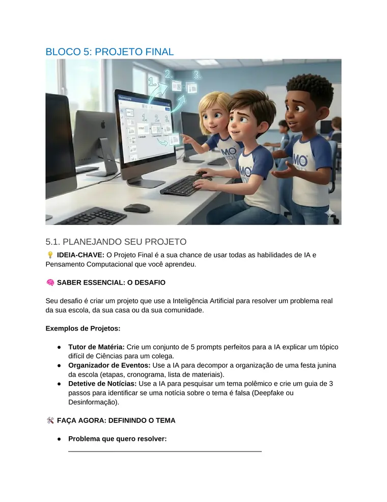 Página do livro dedicada ao planejamento do projeto final